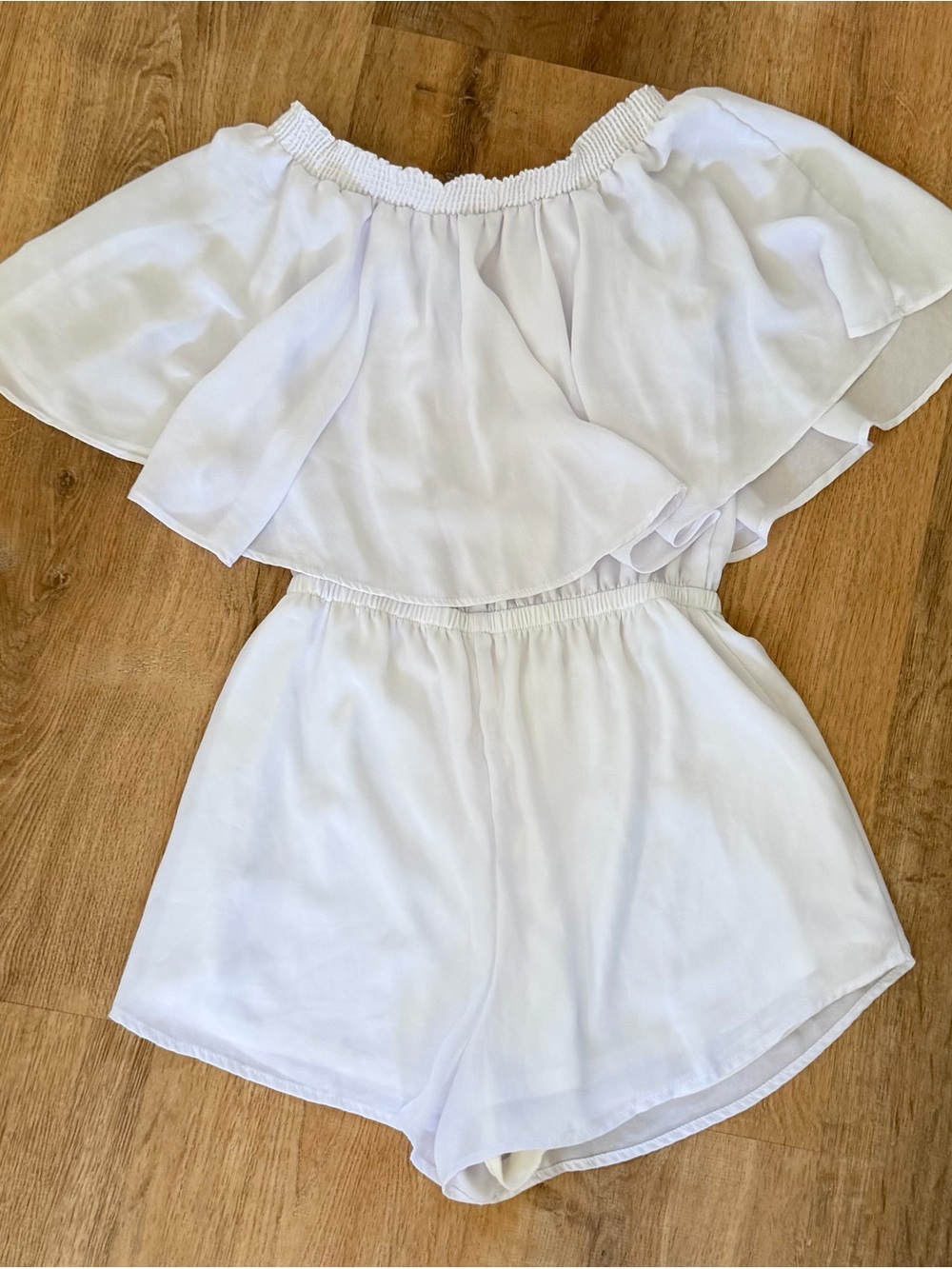 Show Me Your MuMu White Off-Shoulder Ruffle Shorts Romper